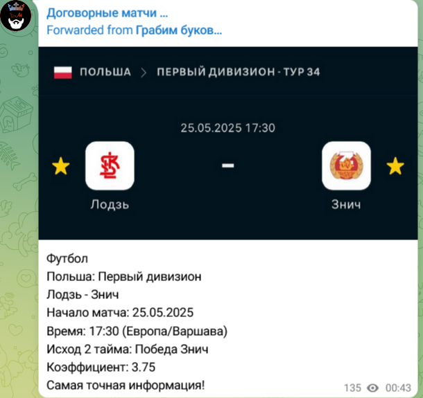 Договорные матчи Пост в Телеграмм