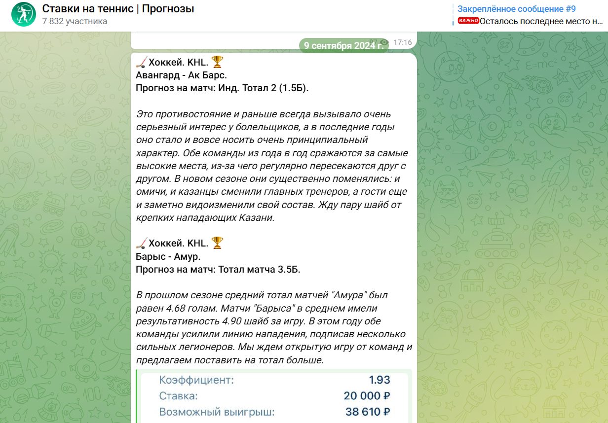 Обзор ТГ-канала Ставки на теннис Прогнозы
