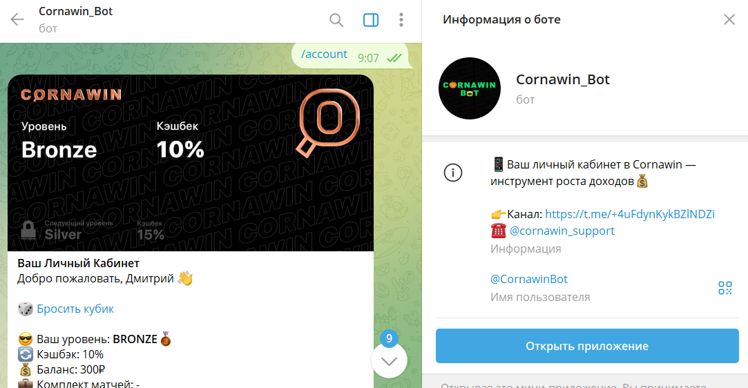 Обзор бота в телеграмме Cornawin_Bot с личным кабинетом